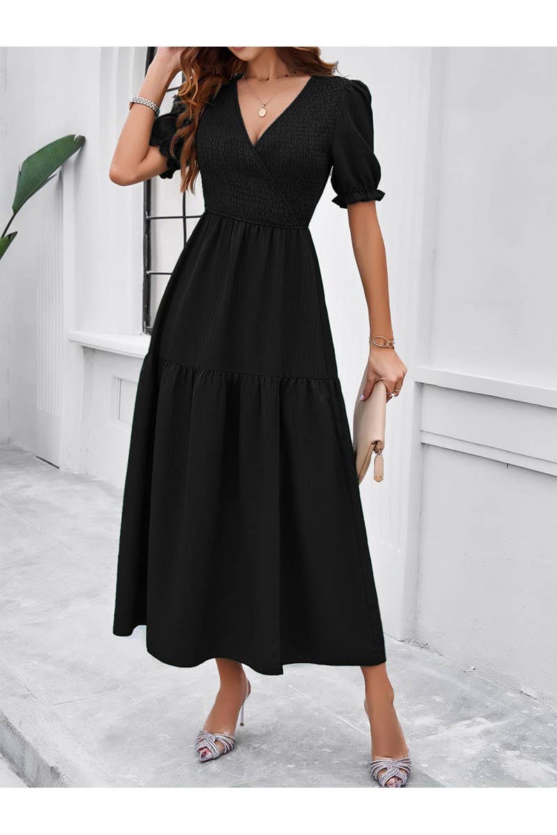 CWDMD2403_V-Neck Smocking Short Sleeve Split Midi Dress