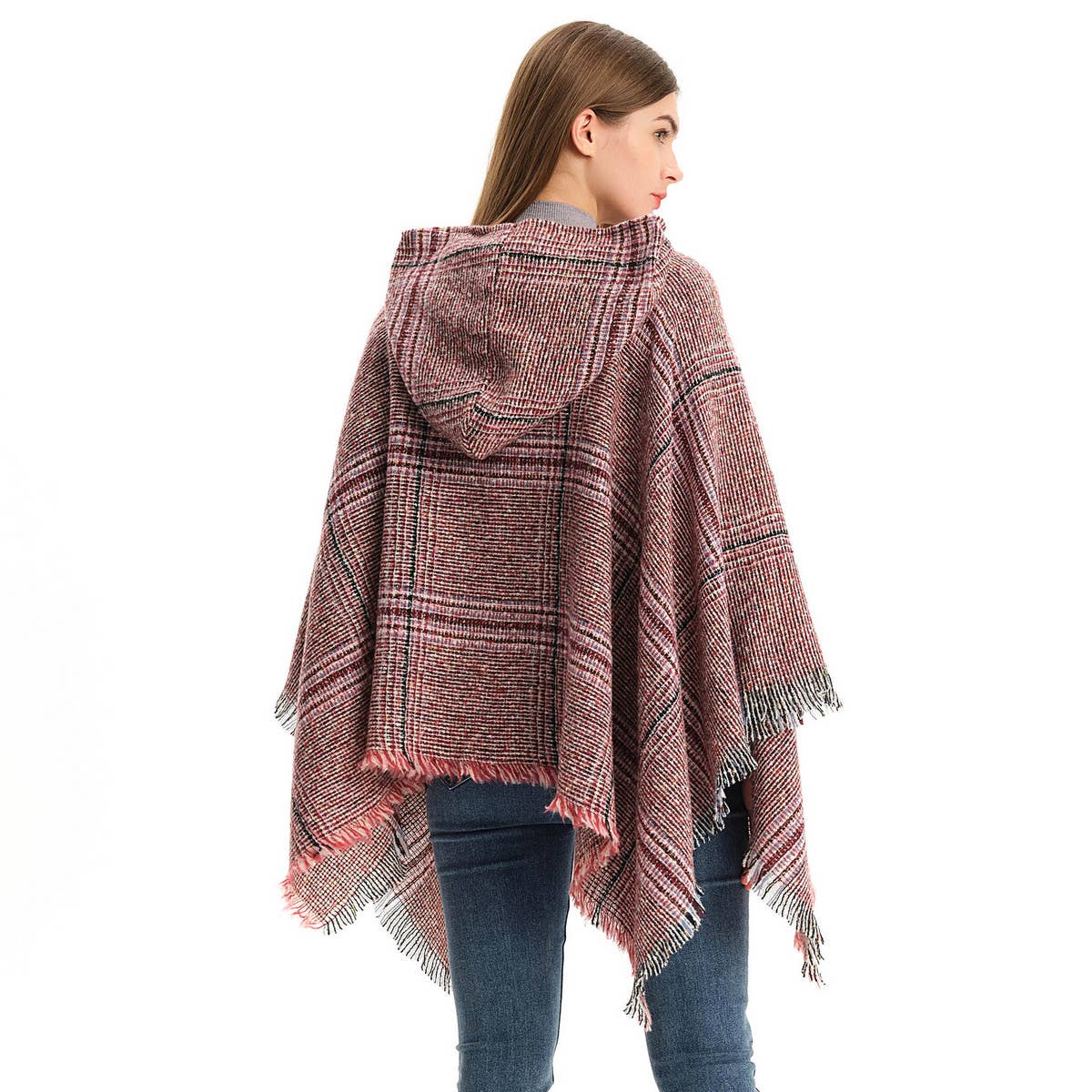 CIRCLE YARN FUR LARGE PLAID HOODED CAPE SHAWL
