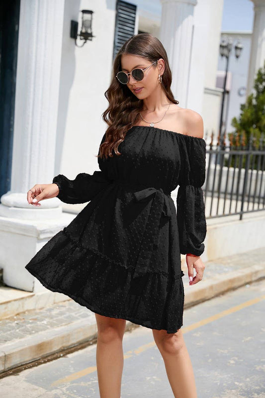 CWDSD8400_OFF SHOULDER POM POM CHIFFON BELTED DRESS