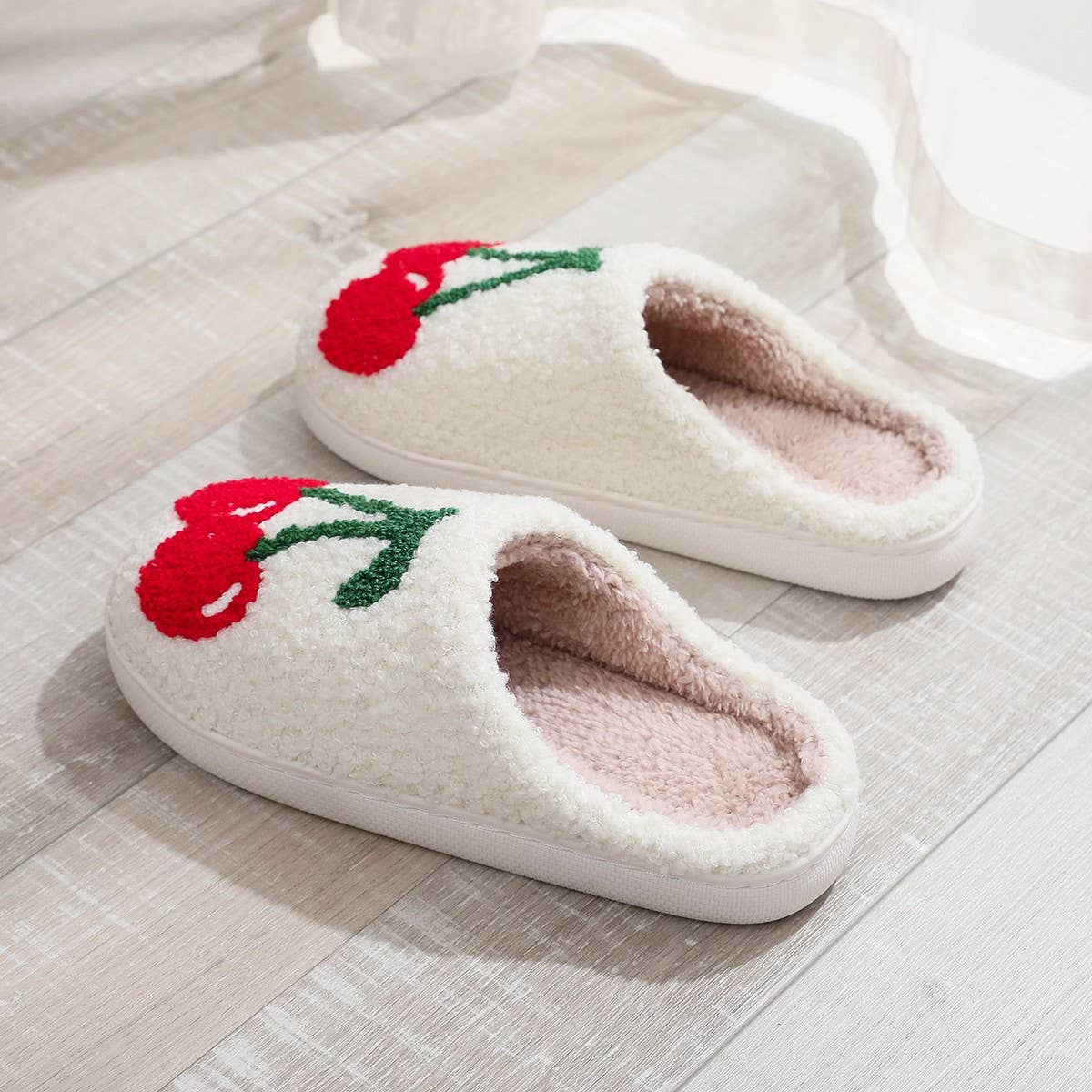 CUTE CHERRY EMBROIDERED COTTON SLIPPERS