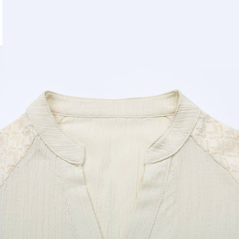 Lace patchwork texture stand-up collar shirt
