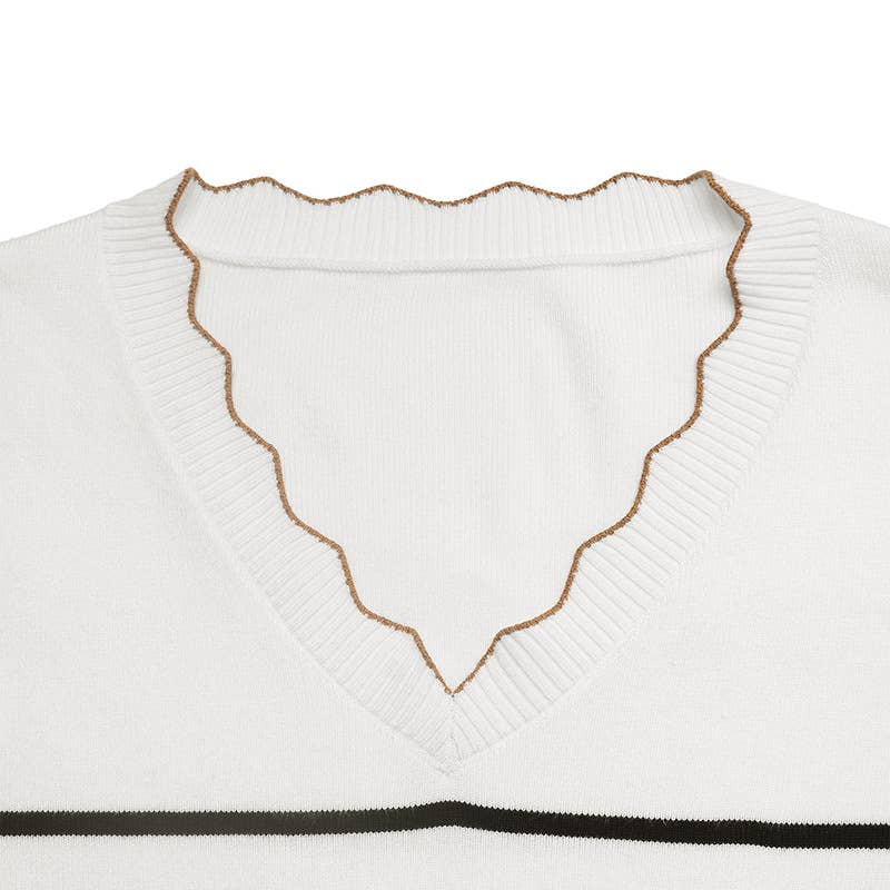 V-neck long-sleeved striped knitted sweater