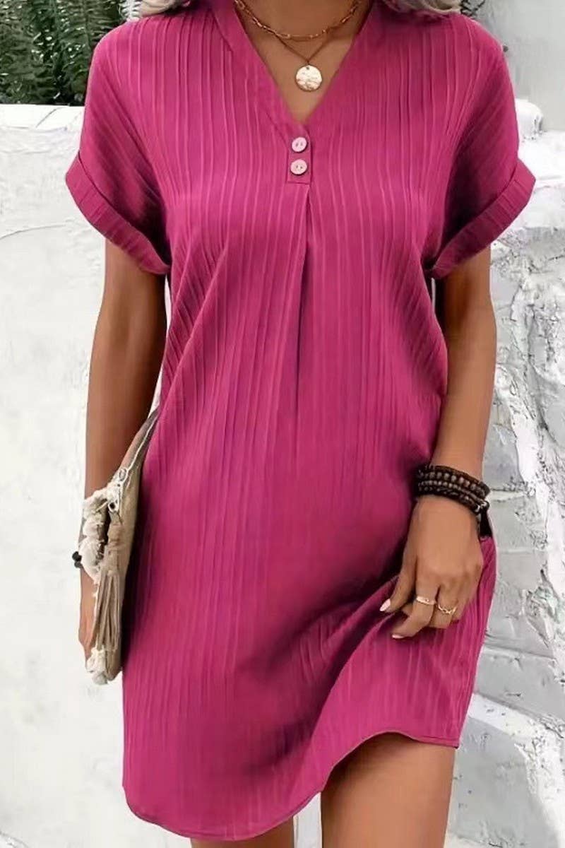 CWDSD6539_V-NECK SOLID COLOR PULLOVER CASUAL BUTTON DRESS