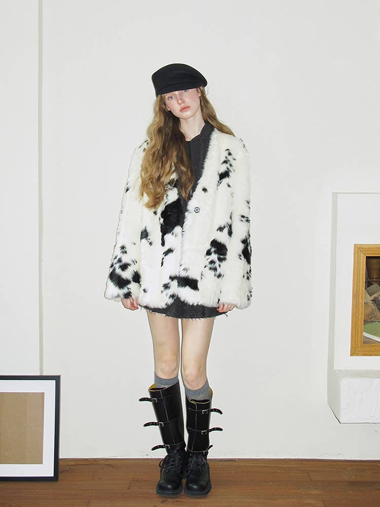Fashionable color-blocking cow print coat