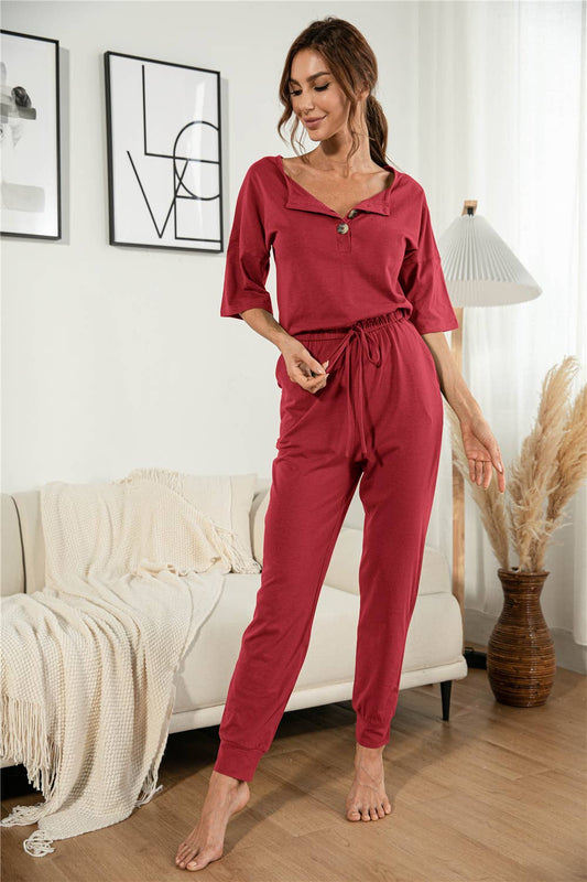 Sexy V-neck short-sleeved button-down jumpsuit