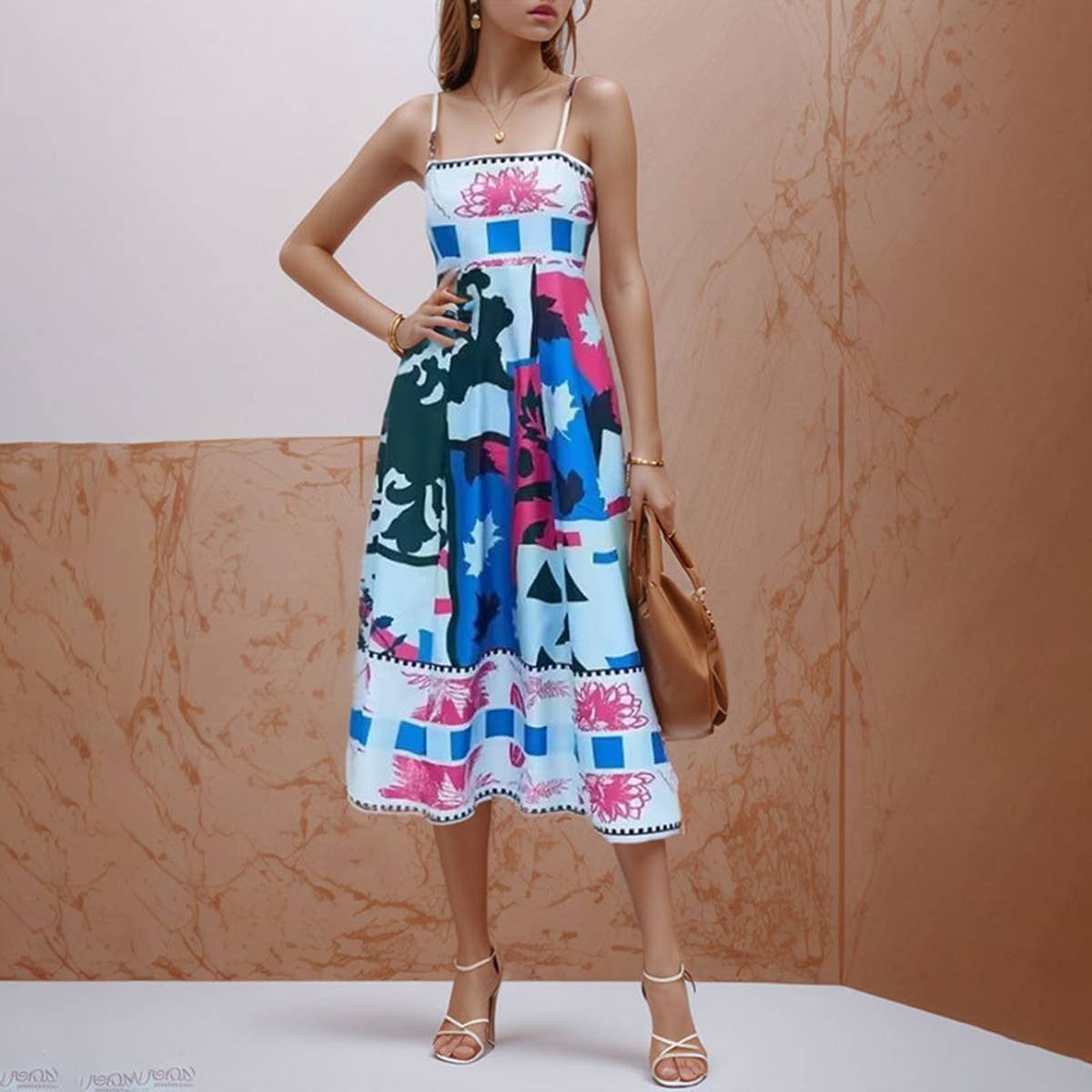 Top top print style pleated halter dress