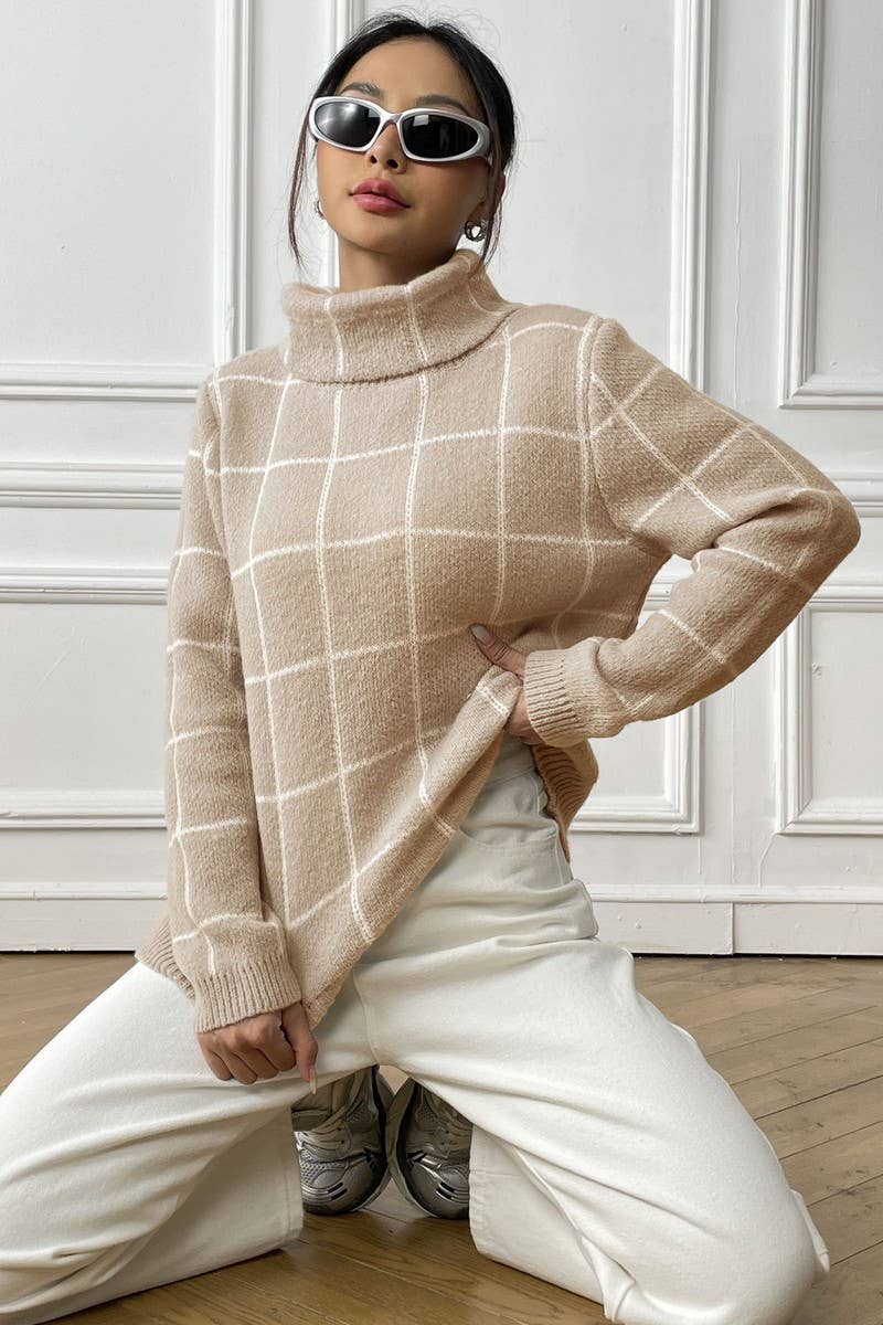 WOMEN PLAID PATTERN HIGH TURTLE NECK FW SWEATER_CWOSWL1439