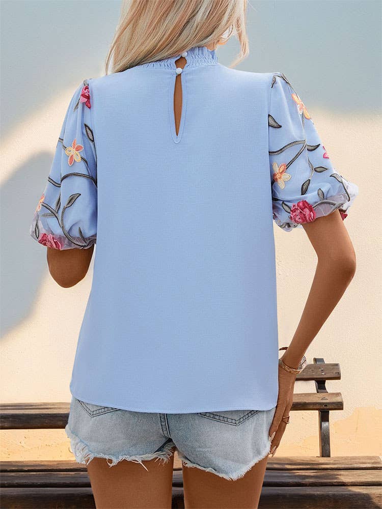 Embroidered Mesh Short Sleeve Shirt Stand Collar