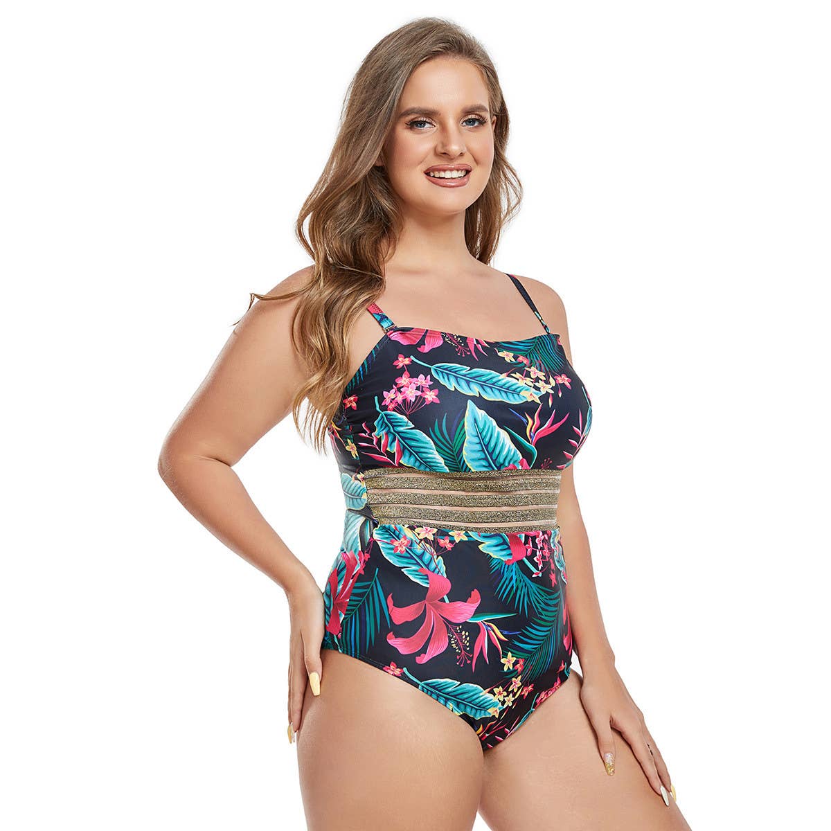 LARGE SIZE PATCHWORK ONE-PIECE SWIMSUIT