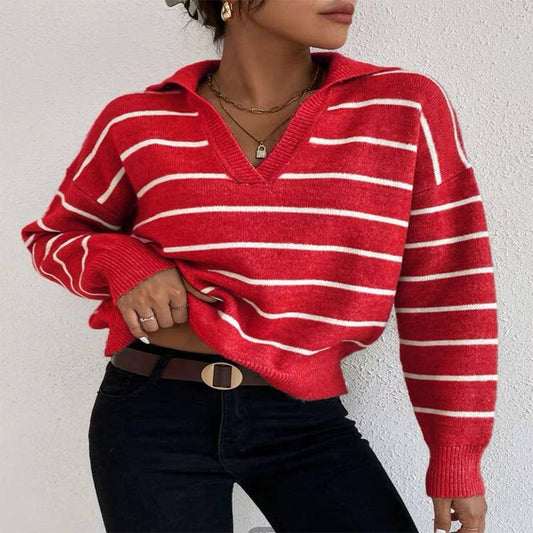 LONG SLEEVE POLO COLLAR STRIPED KNITWEAR