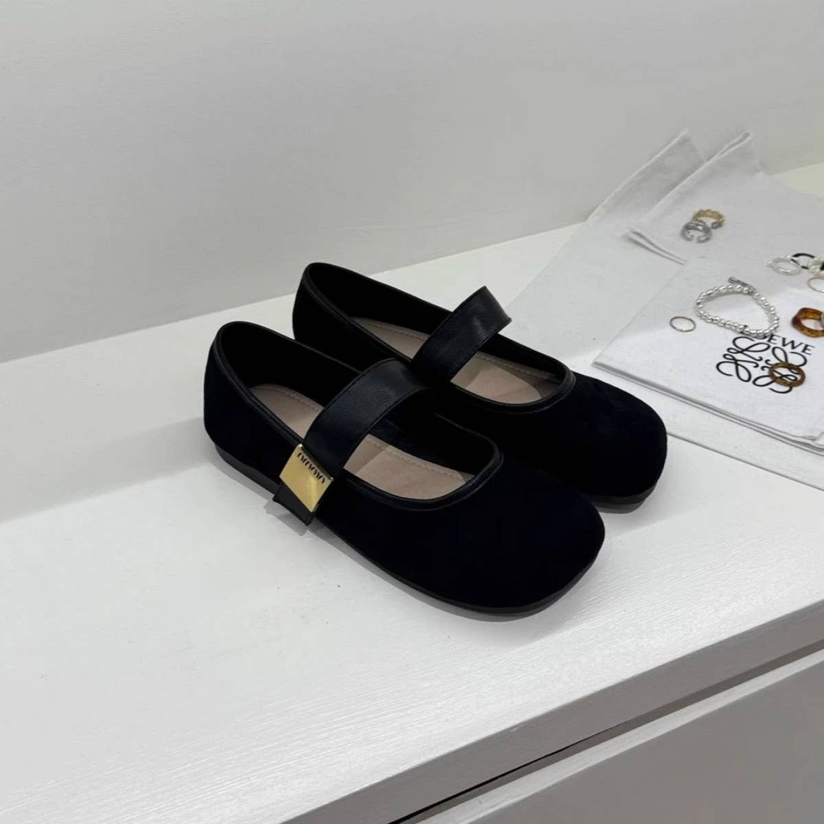 Flat Suede Mary Janes with Metal Buckle