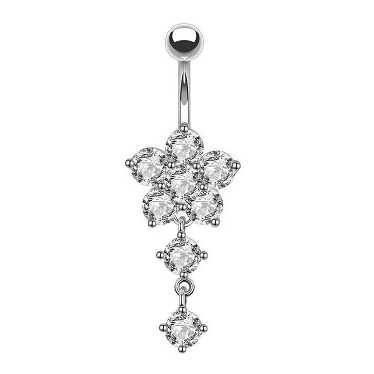 Zircon Flower Belly Ring with Stainless Pendant_CWMM9239