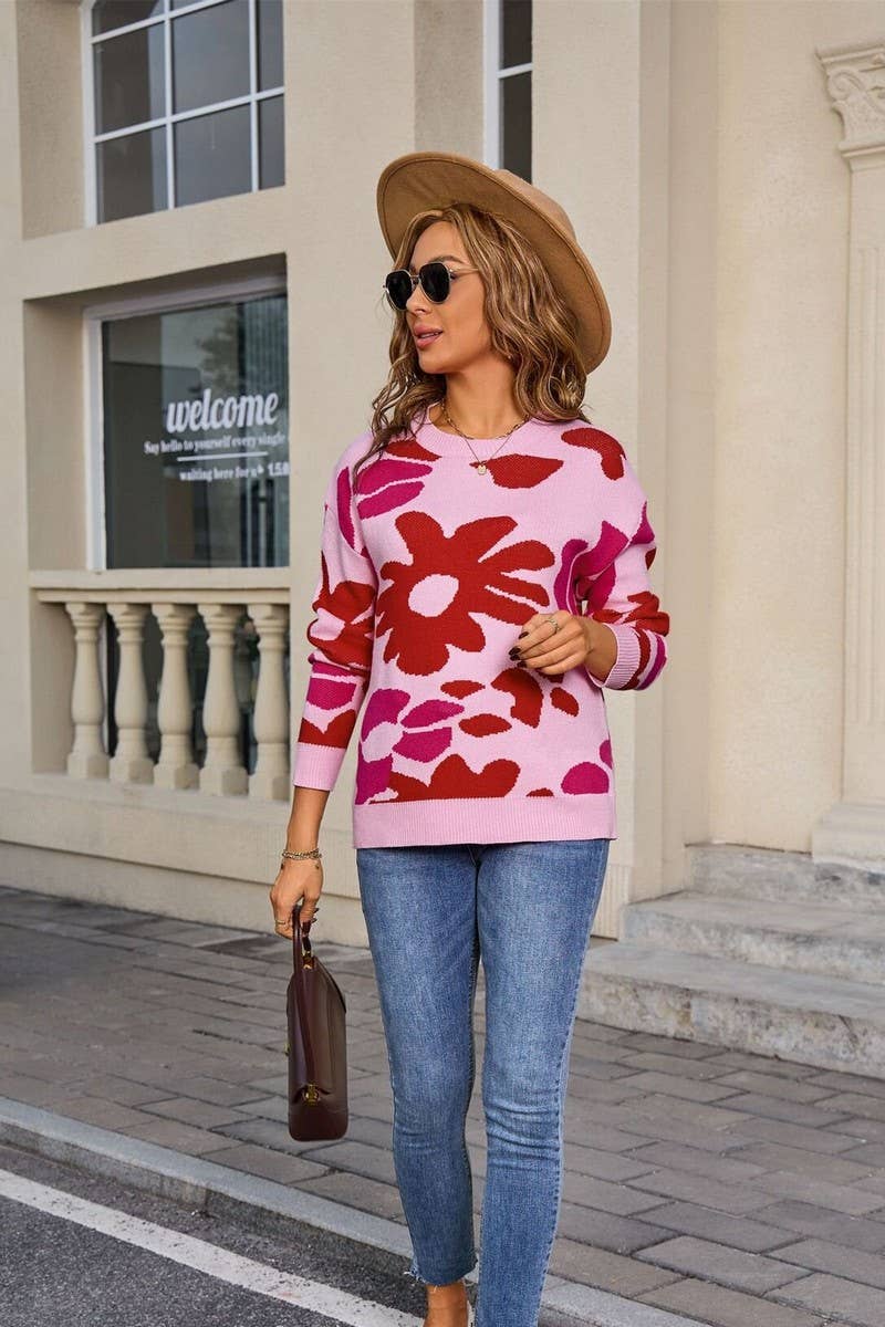 CWOSWL07600_FLORAL PRINT LONG SLEEVE KNIT SWEATER