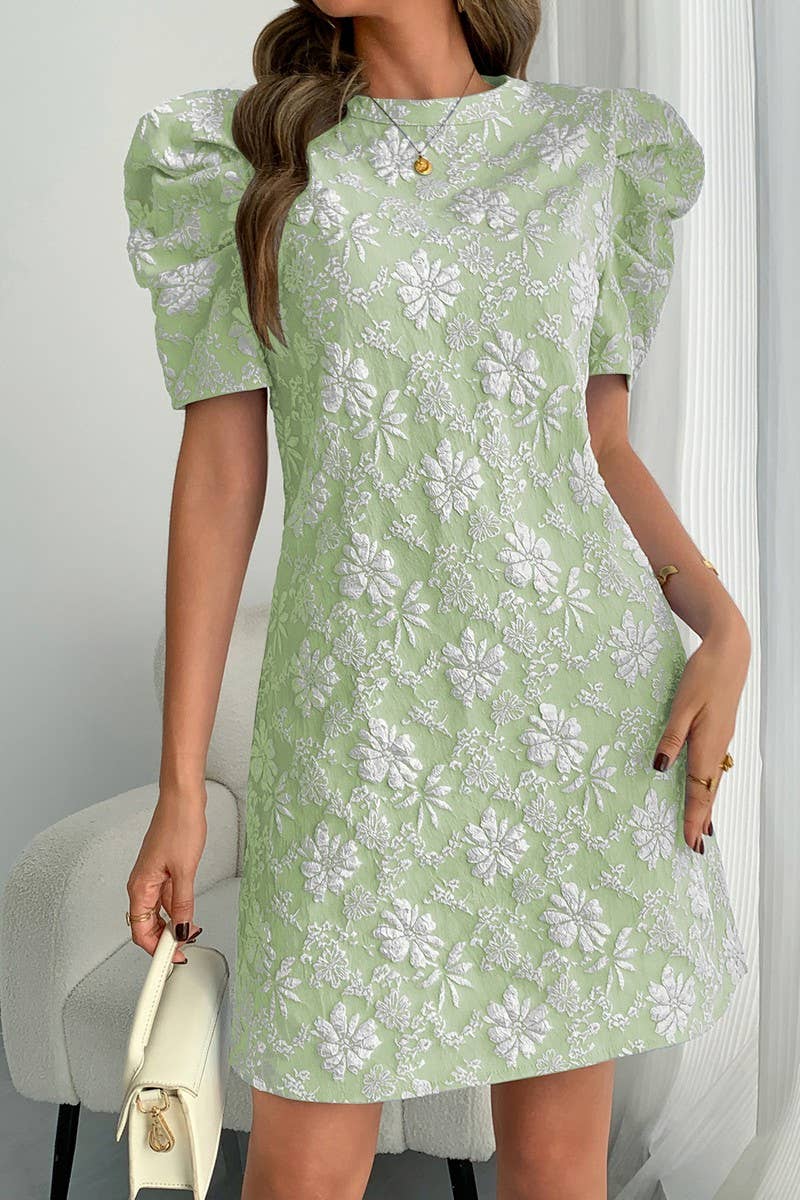 CWDSD8263_TEXTURED JACQUARD PUFF SLEEVE VINTAGE DRESS
