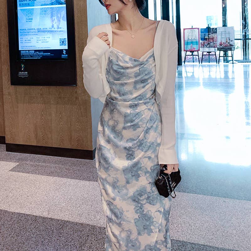 Printed slit sleeveless halter dress