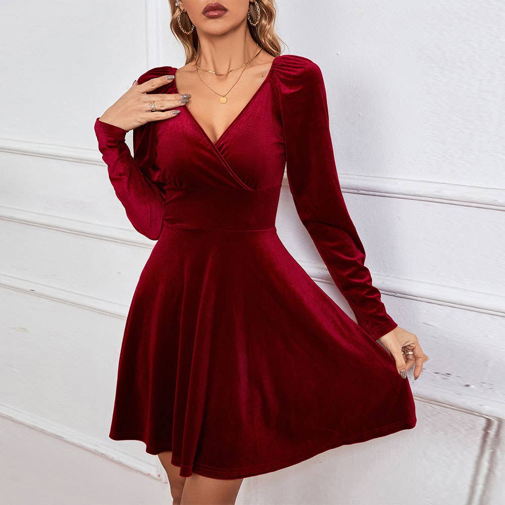 V-NECK WAIST A-LINE SKIRT SEXY VELVET DRESS