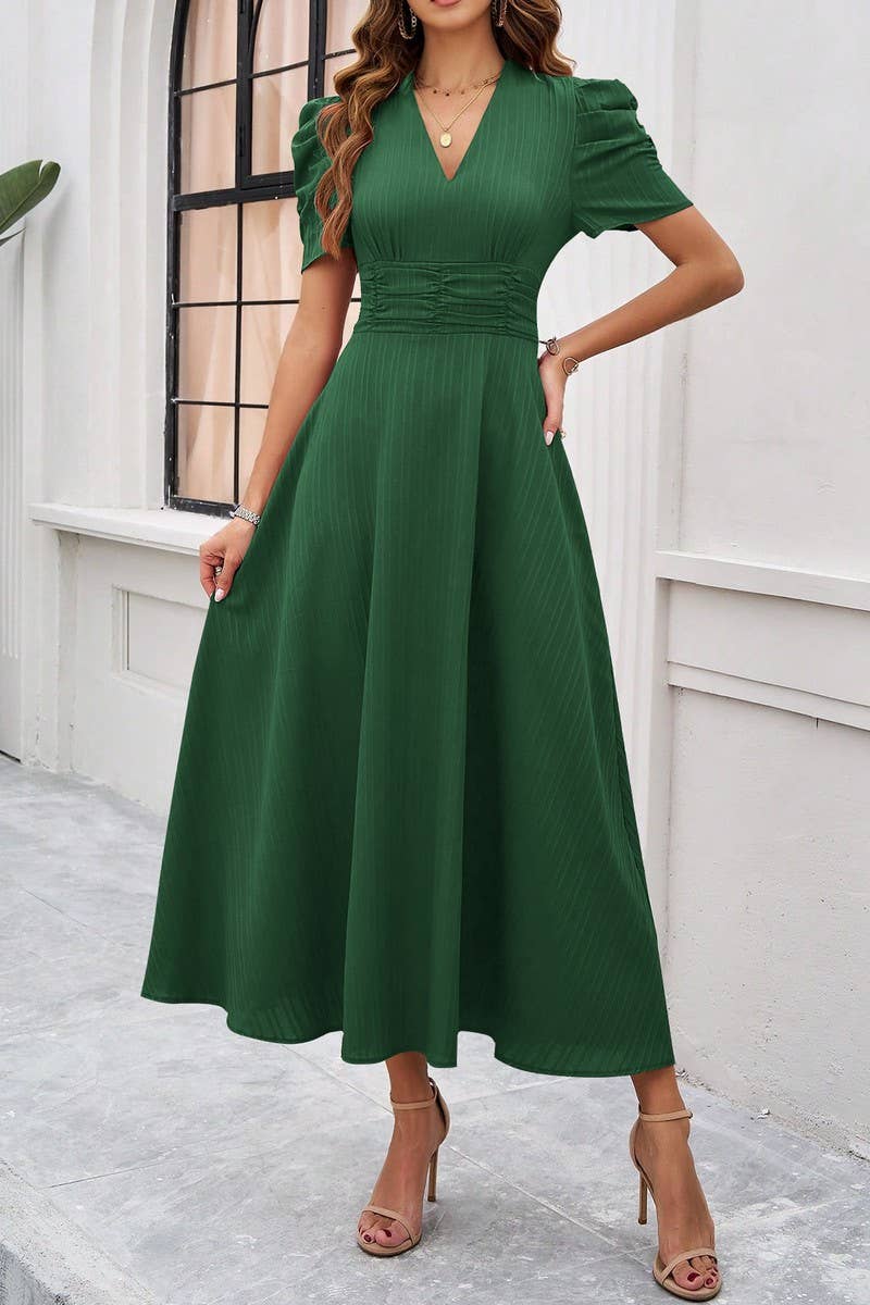 CWDMD5340_V-NECK ELEGANT SOLID COLOR HIGH WAIST DRESS