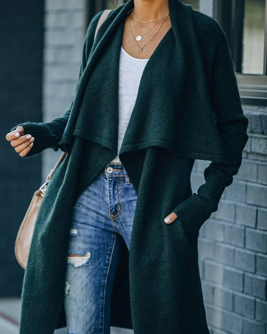 Large lapel unbuttoned solid color long cardigan coat