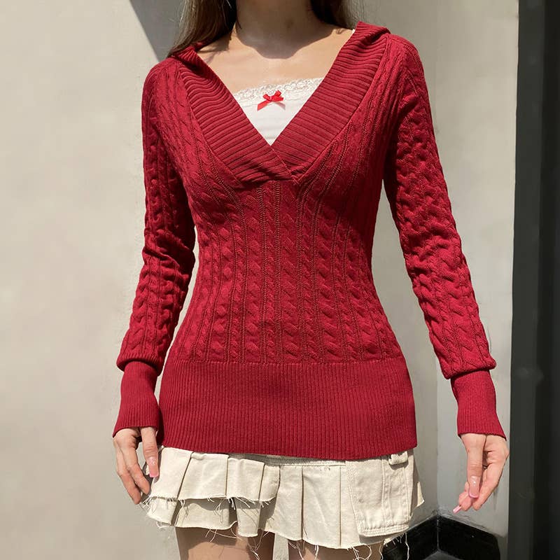 Solid-color deep V-neck hooded knitted sweater