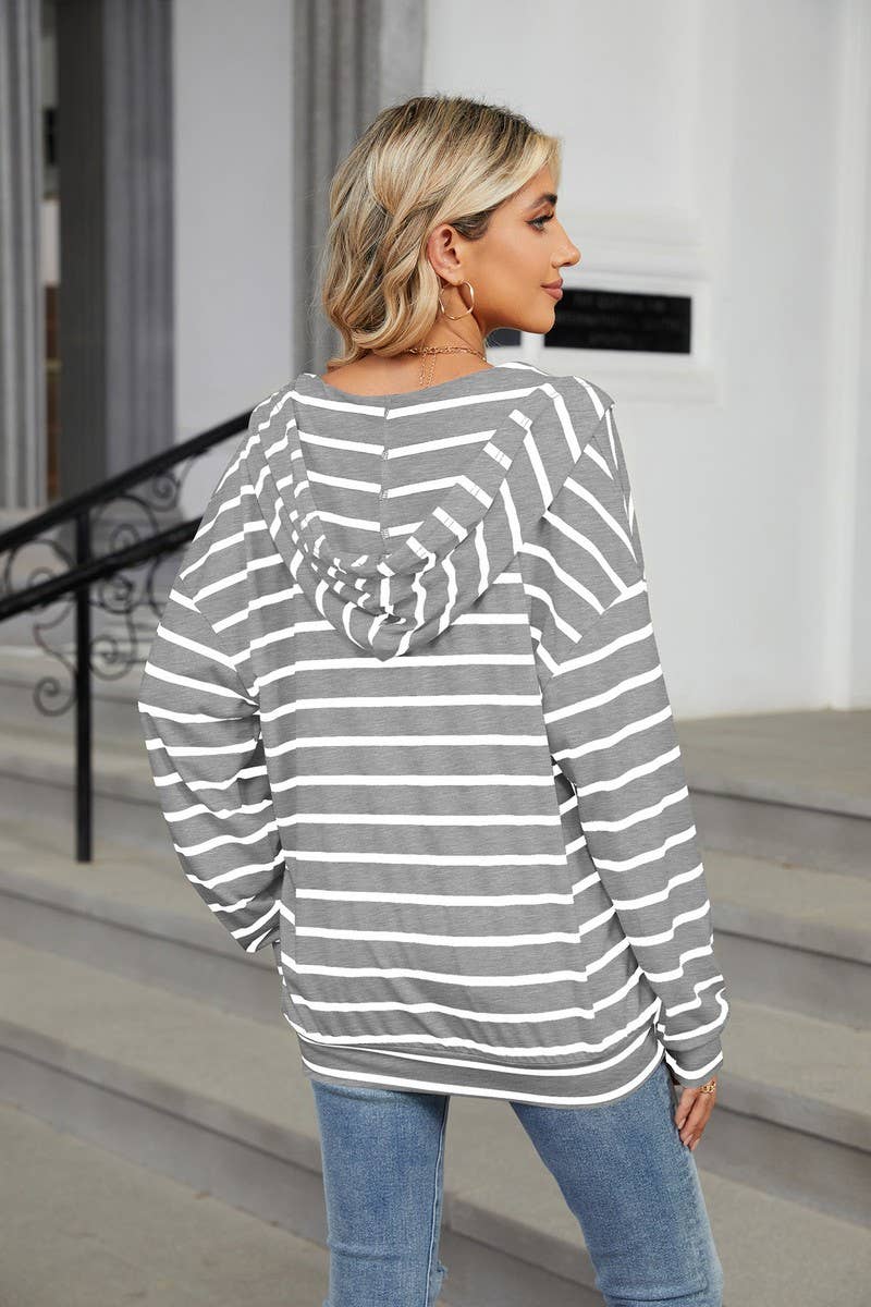 CWOHOL0718_DRAWSTRING HOODED STRIPED LONG SLEEVE SWEATSHIRT