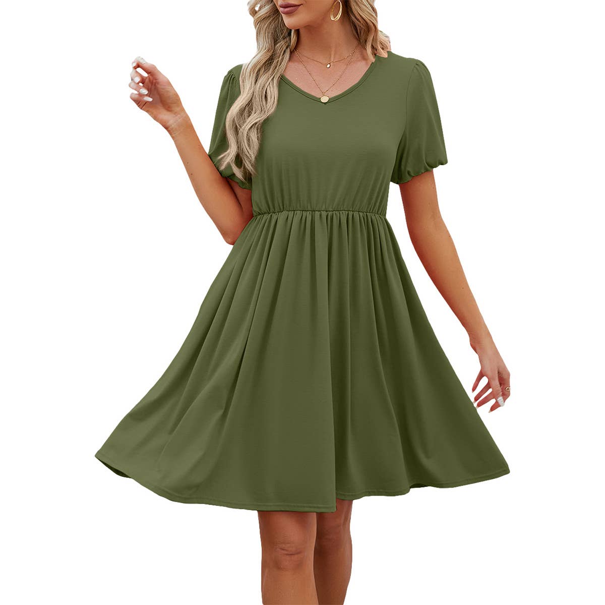 V-NECK PUFFY SLEEVE PLEATED SKIRT DRESS