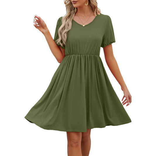 V-NECK PUFFY SLEEVE PLEATED SKIRT DRESS