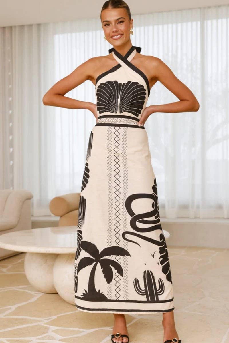 CWDHL0990_SUMMER HOLIDAY STYLE HALTER NECK WAIST A-LINE DRES