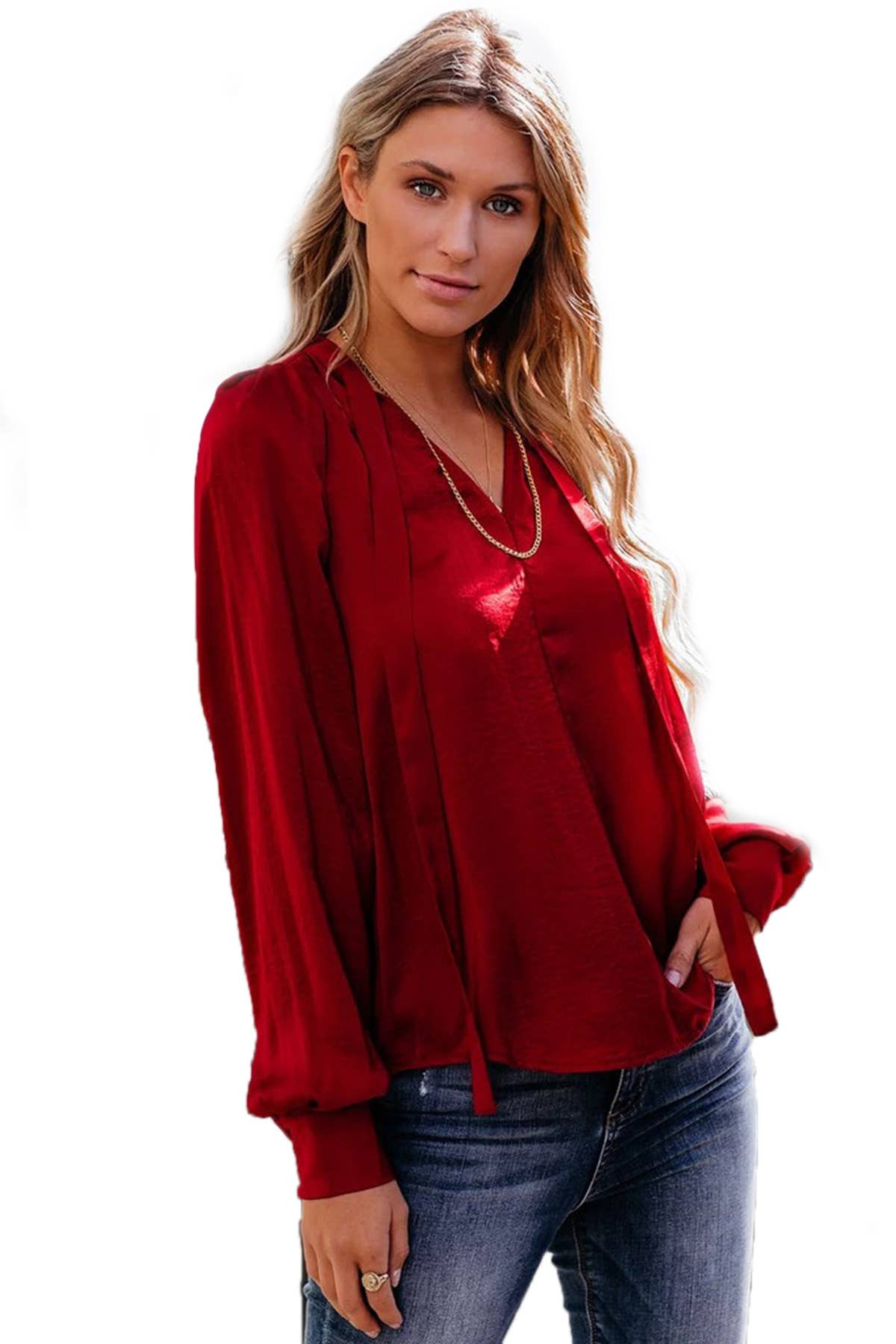 SOLID COLOR V-NECK LACE-UP LONG SLEEVE SHIRT