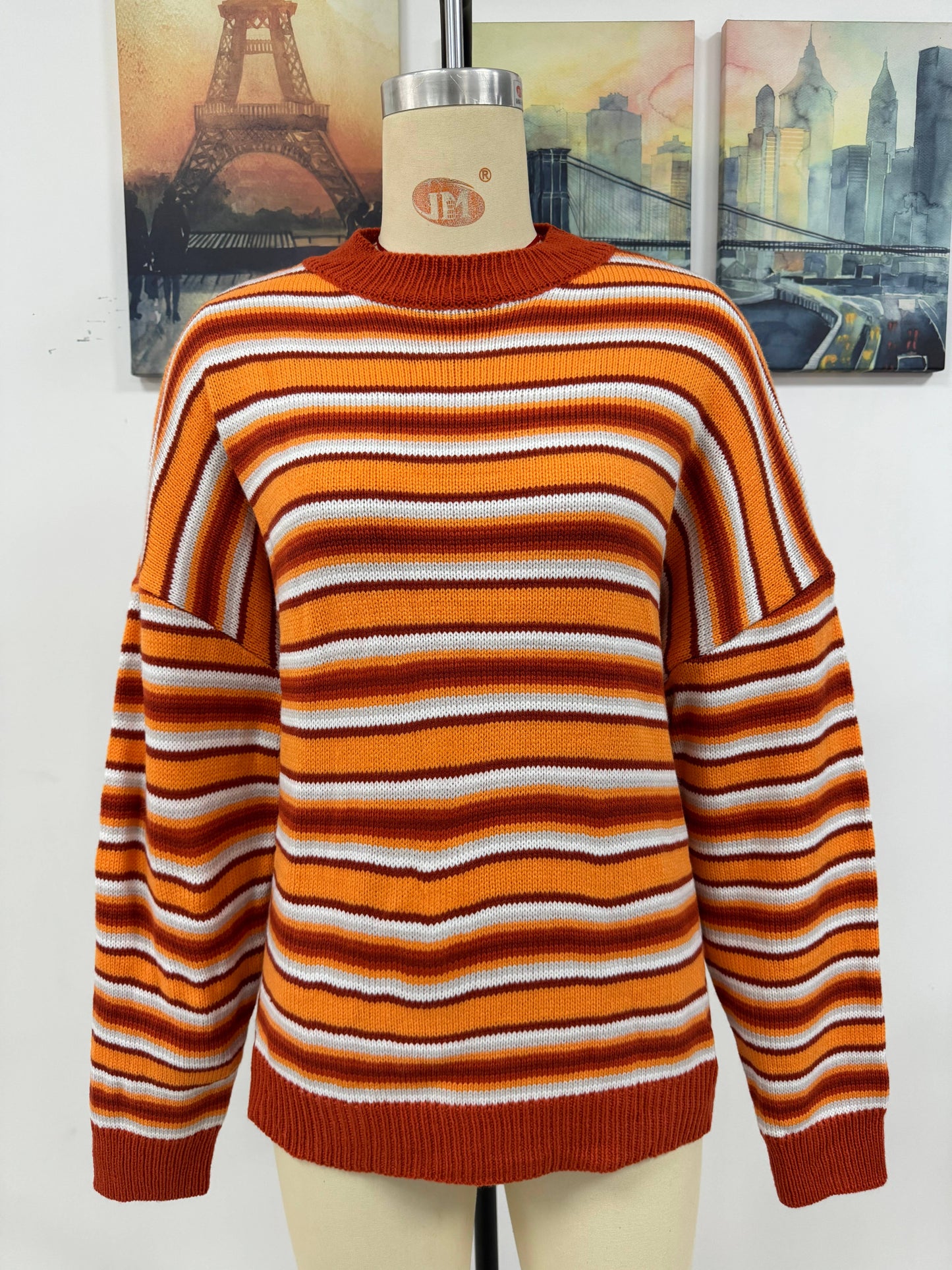 STRIPED KNIT CREWNECK PULLOVER SWEATER