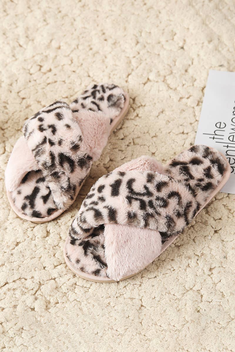 LEOPARD PATTERN CROSS FLUFFY HOME BEDROOM SLIPPERS