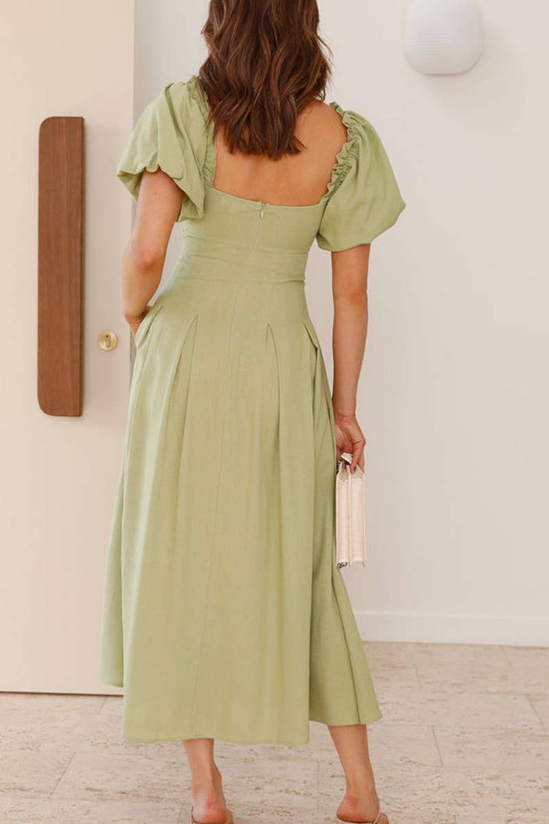 CWDMD5652_SOLID V-NECK LONG PUFF SLEEVE SLIM MAXI DRESS