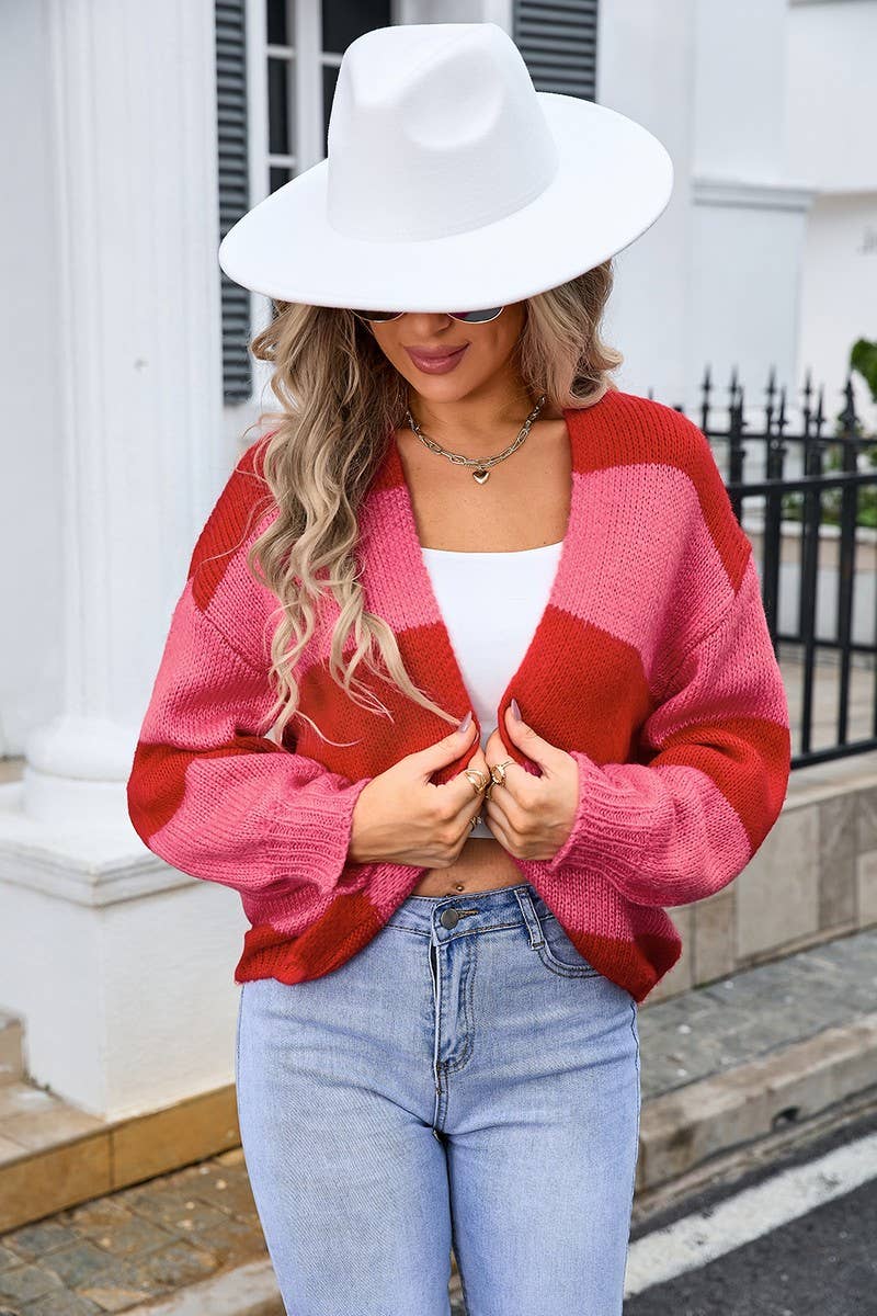 CWOCAL0918_LOOSE COLORBLOCK KNIT CARDIGAN SWEATER