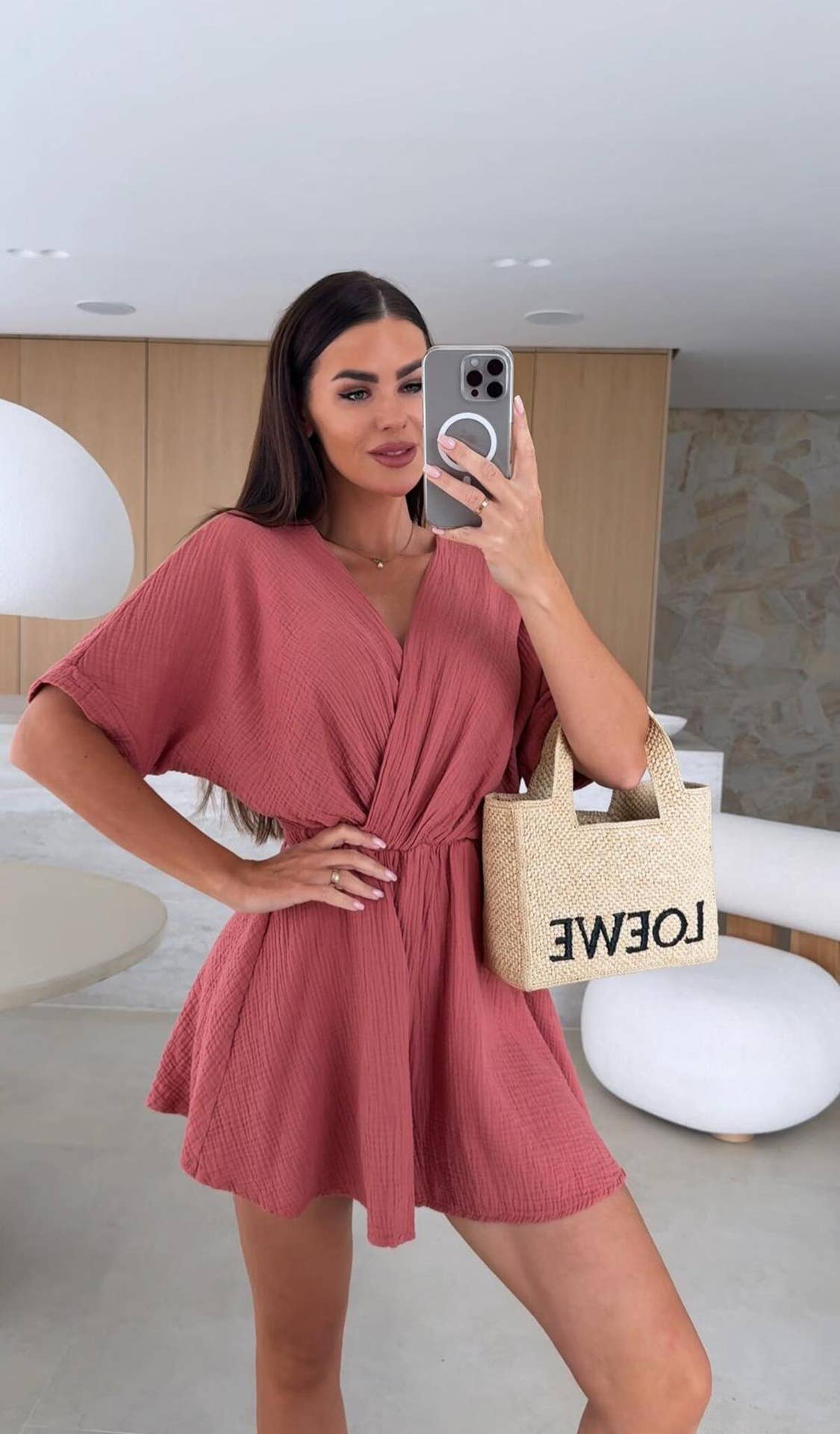 V-neck fashion cinche-waist solid color jumpsuit