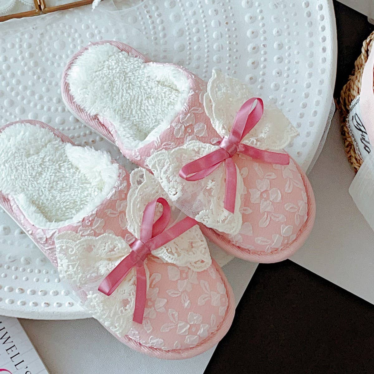 SWEET LACE BOWKNOT COTTON NON-SLIP SLIPPERS