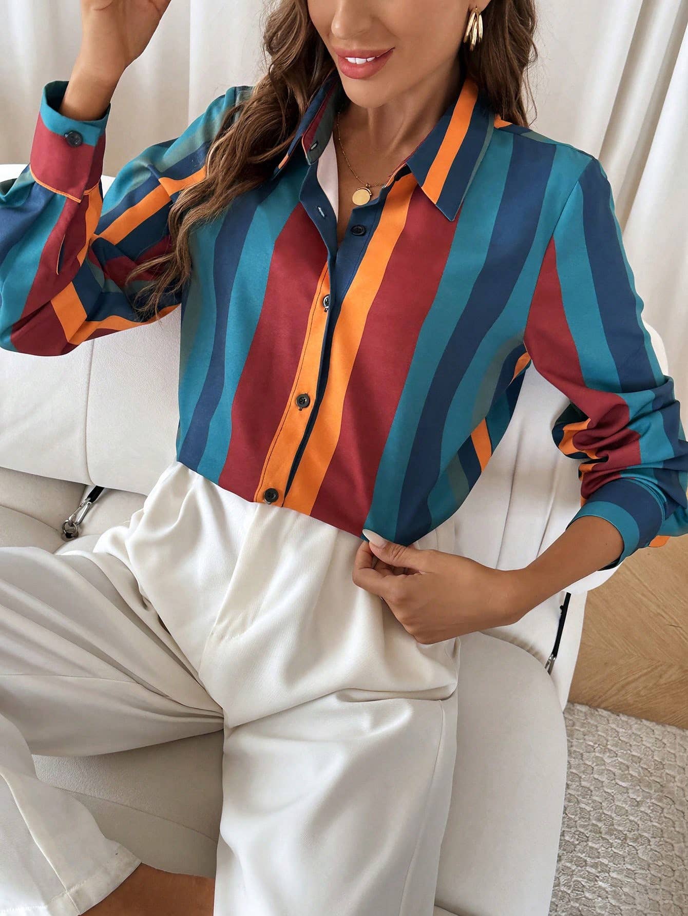 LONG SLEEVE COLOR CONTRAST STRIPED LAPEL SHIRT