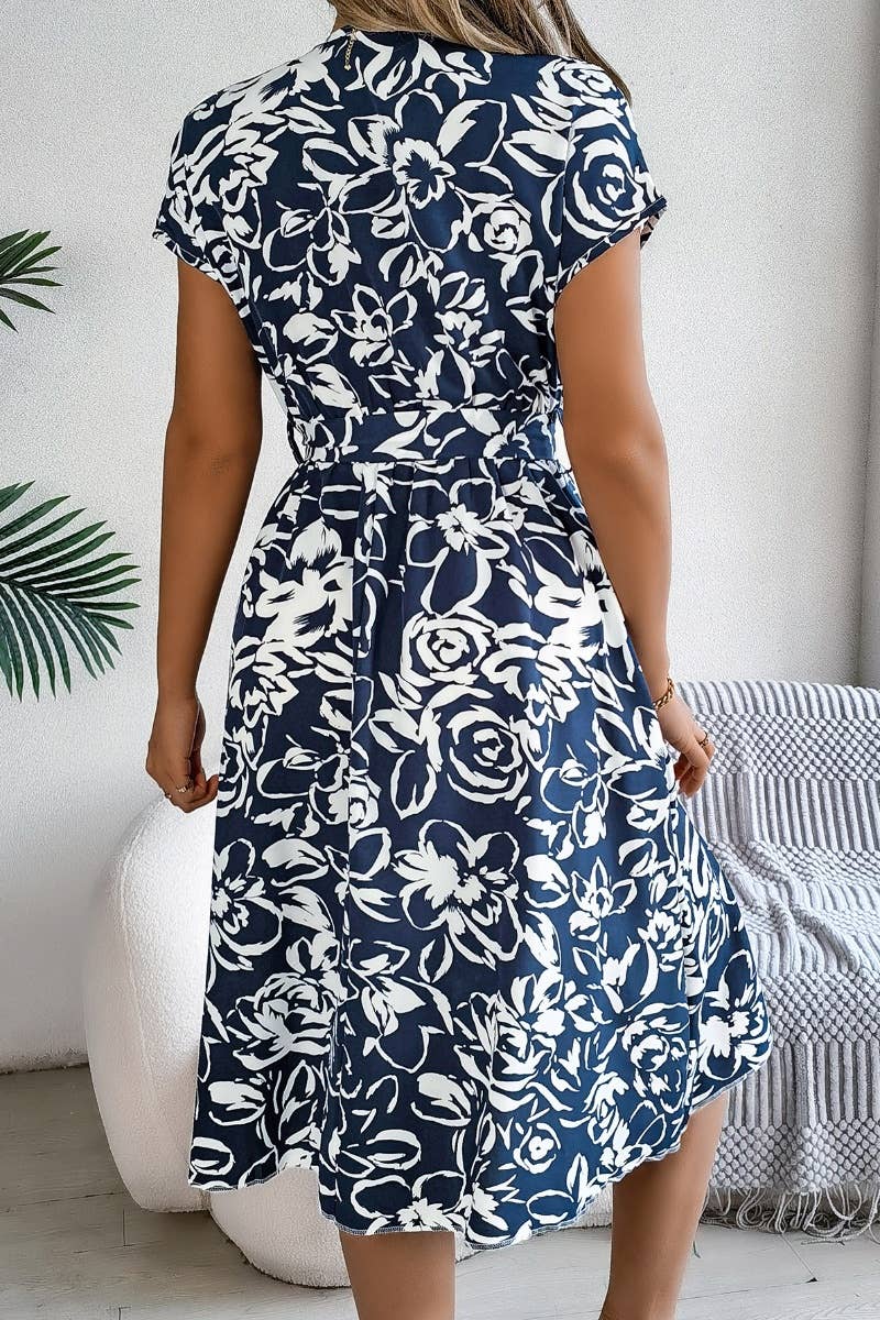 CWDMD2629_SUMMER V-NECK BAT-SLEEVE FLOWER DRESS LONG