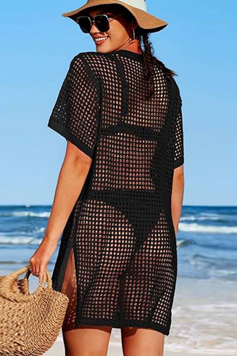 CWTBLS1641_HOLIDAY HOLLOW KNIT SHORT SLEEVE BEACH COVER UP