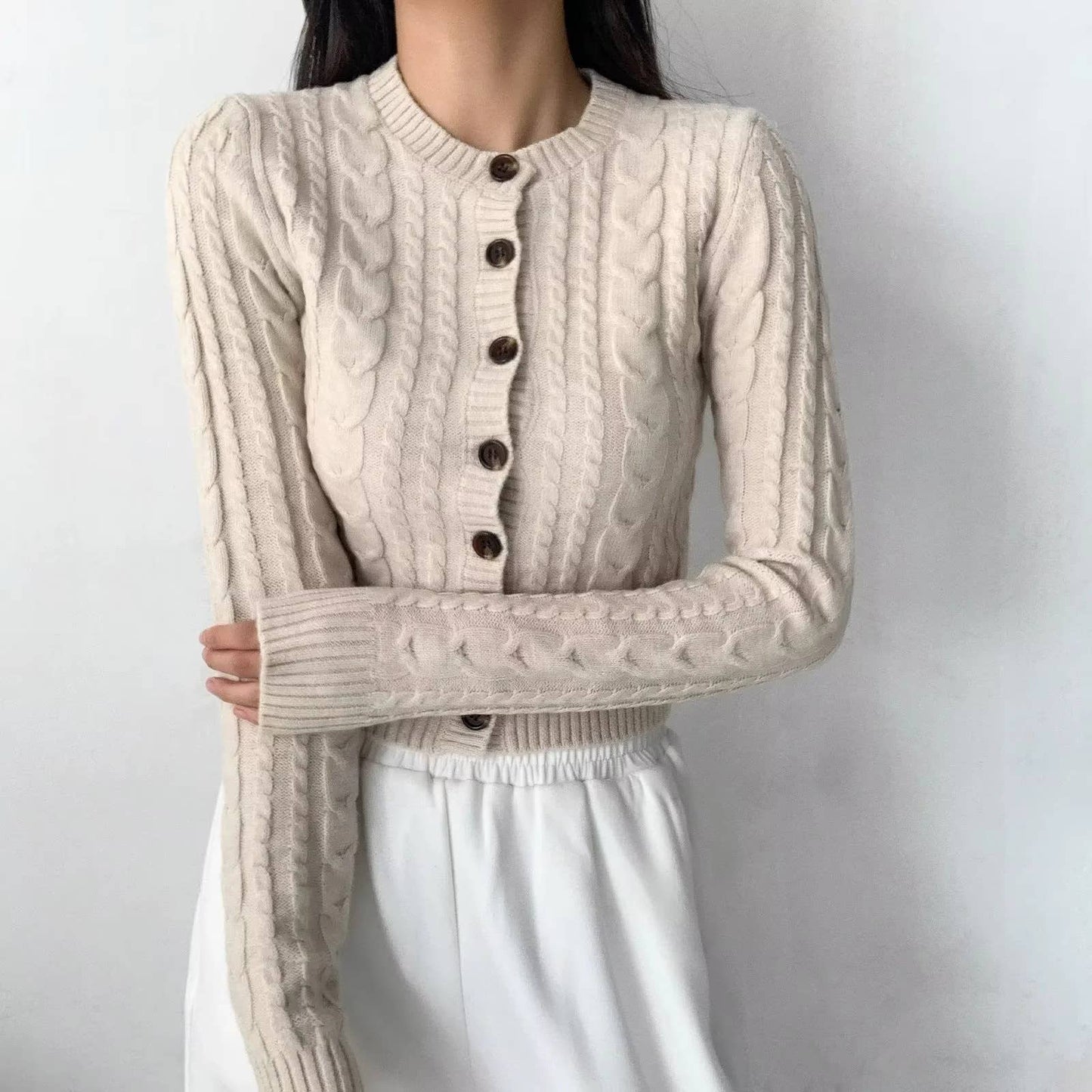 VINTAGE BUTTON-TWIST KNIT SHORT CARDIGAN SWEATER