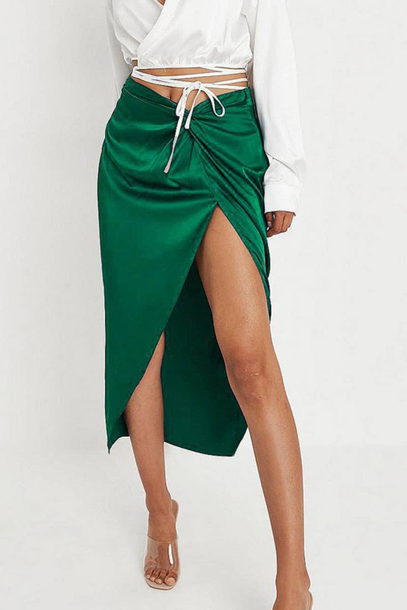 HIGH WAIST KNOT IRREGULAR SATIN SLIT SKIRT_CWBMS0089