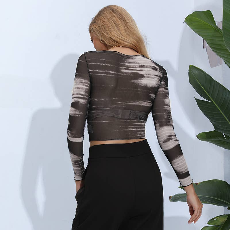 Tie-dye color contrast printed long-sleeved top