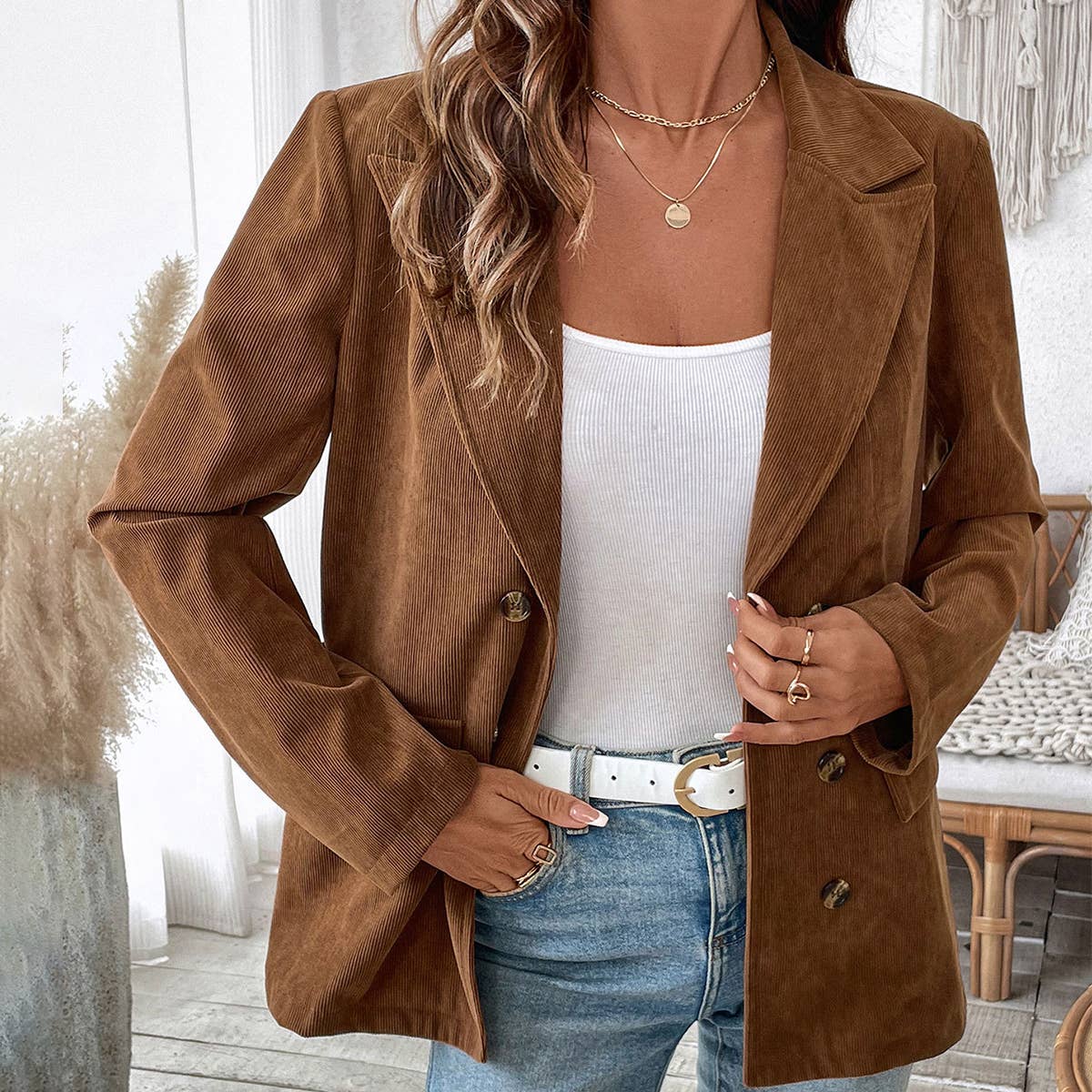 SOLID COLOR CORDUROY THREE-BUTTON SUIT JACKET