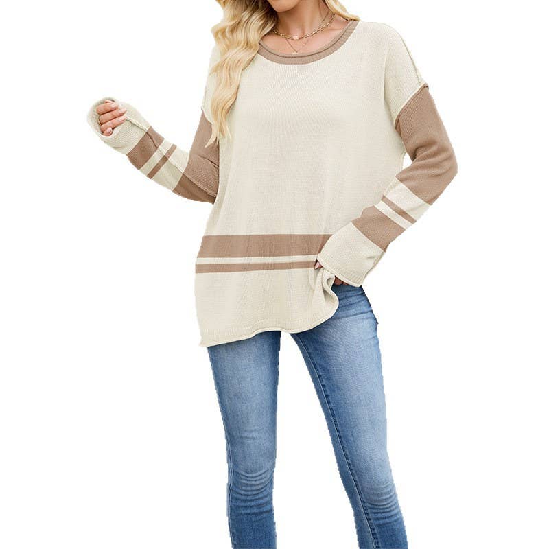 Two-tone round-neck loose and versatile sweater