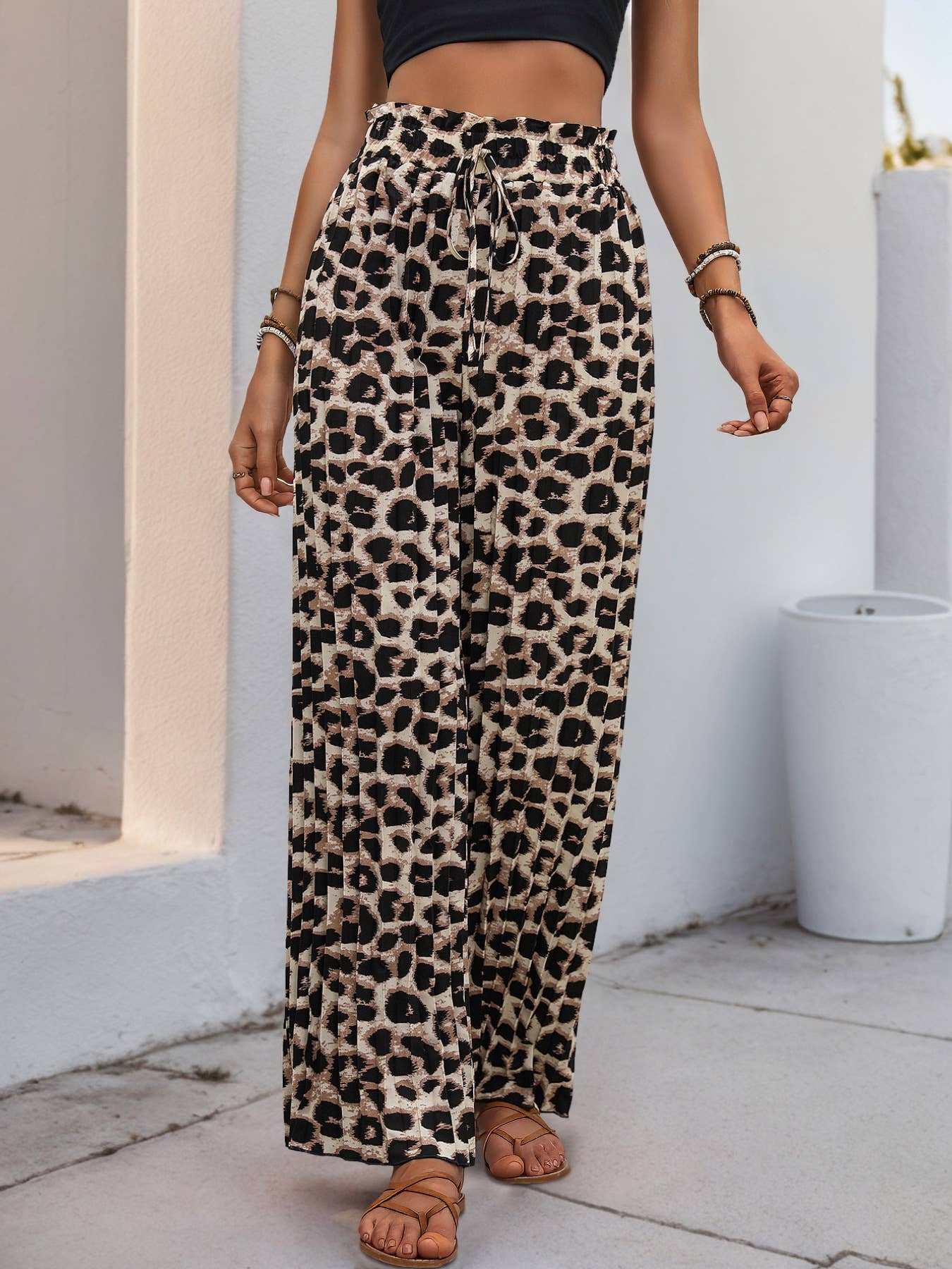 Fashion leopard straddle pleated wide-leg pants