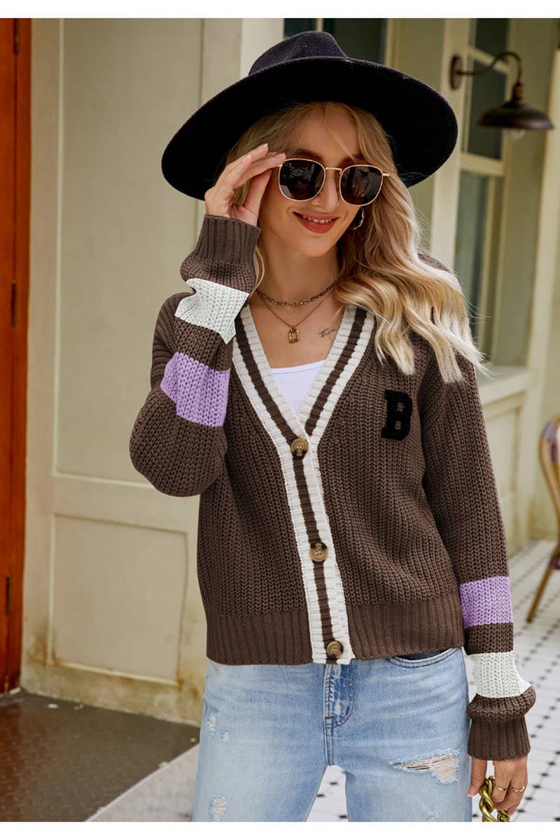 CWOCAL0784_V-NECK LOOSE COLLEGE STYLE KNITTED CARDIGAN