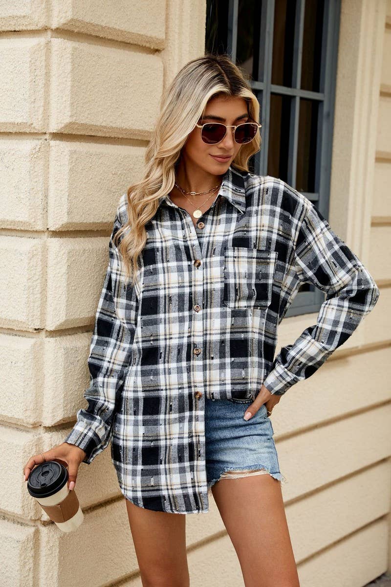 CWOBL0186_FLIP COLLAR VINTAGE CROCHET CHECKERED SHIRT