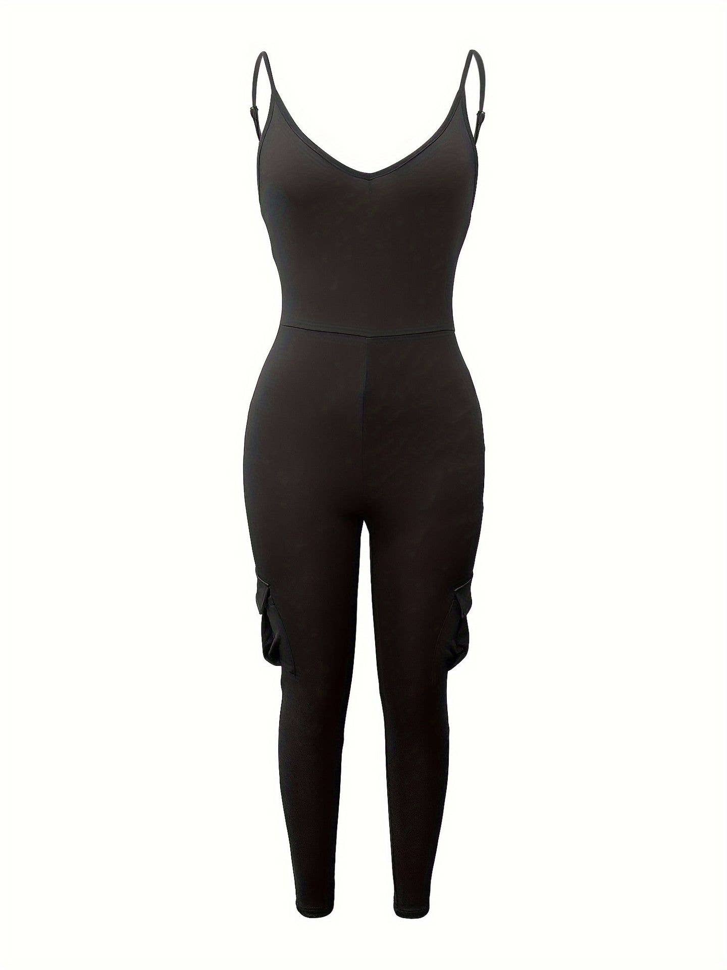 Strap V-neck cargo pocket hip sports jumpsuit