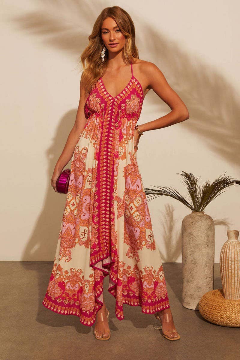 CWDMD5509_ELEGANT OFF SHOULDER V NECK FLORAL MAXI DRESS