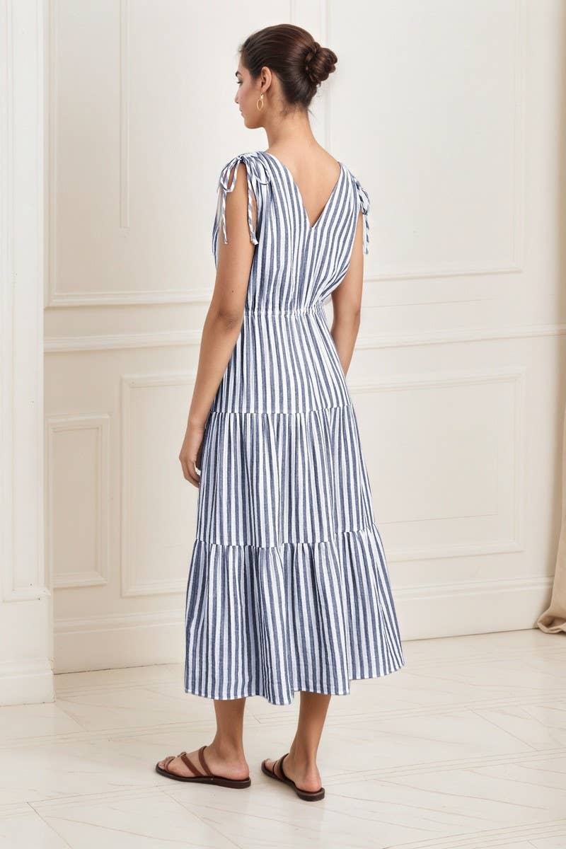 CWDMD6408_BOHEMIAN V-NECK STRIPED MIDI DRESS