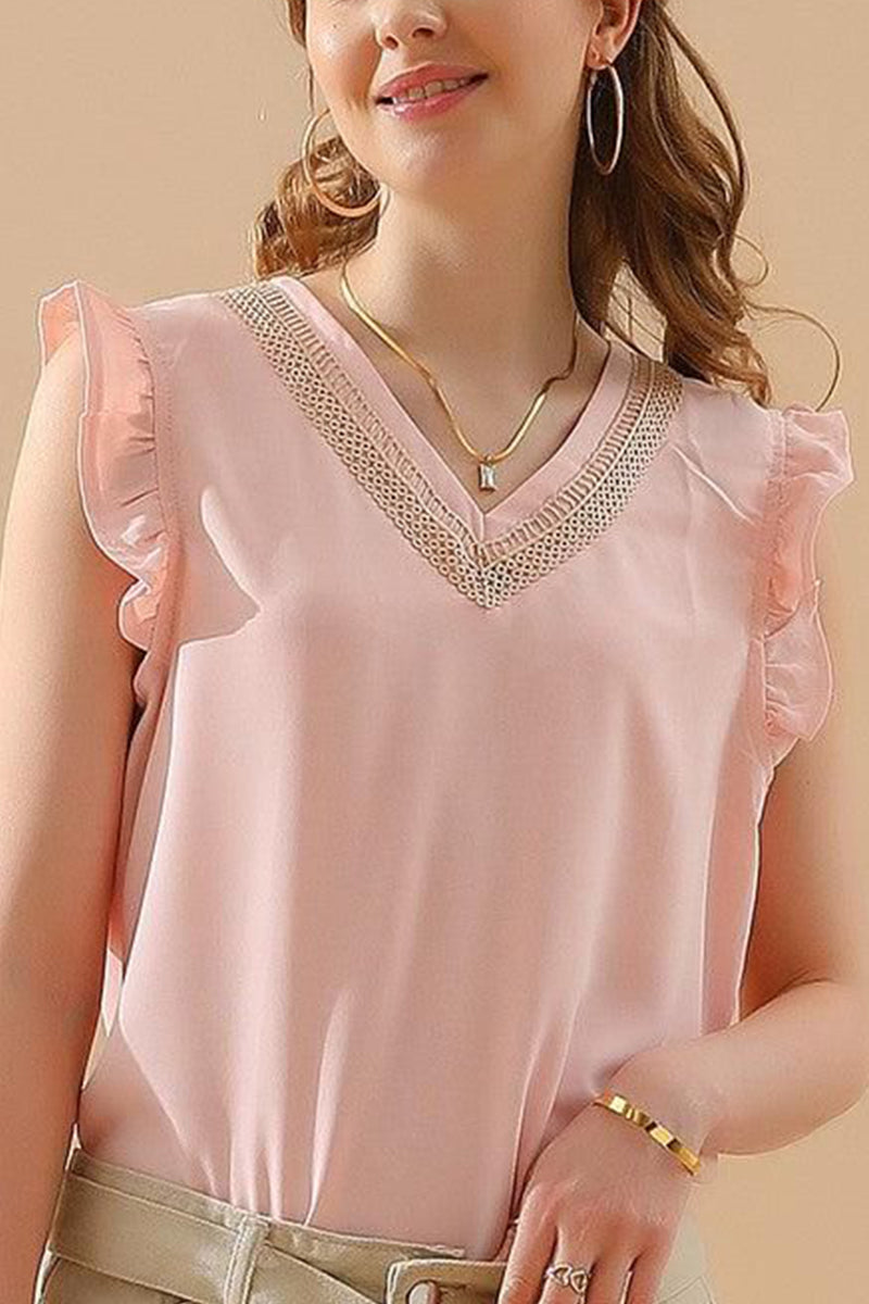 V LACE NECK ANGEL WINGS SLEEVE CHIFFON TOP