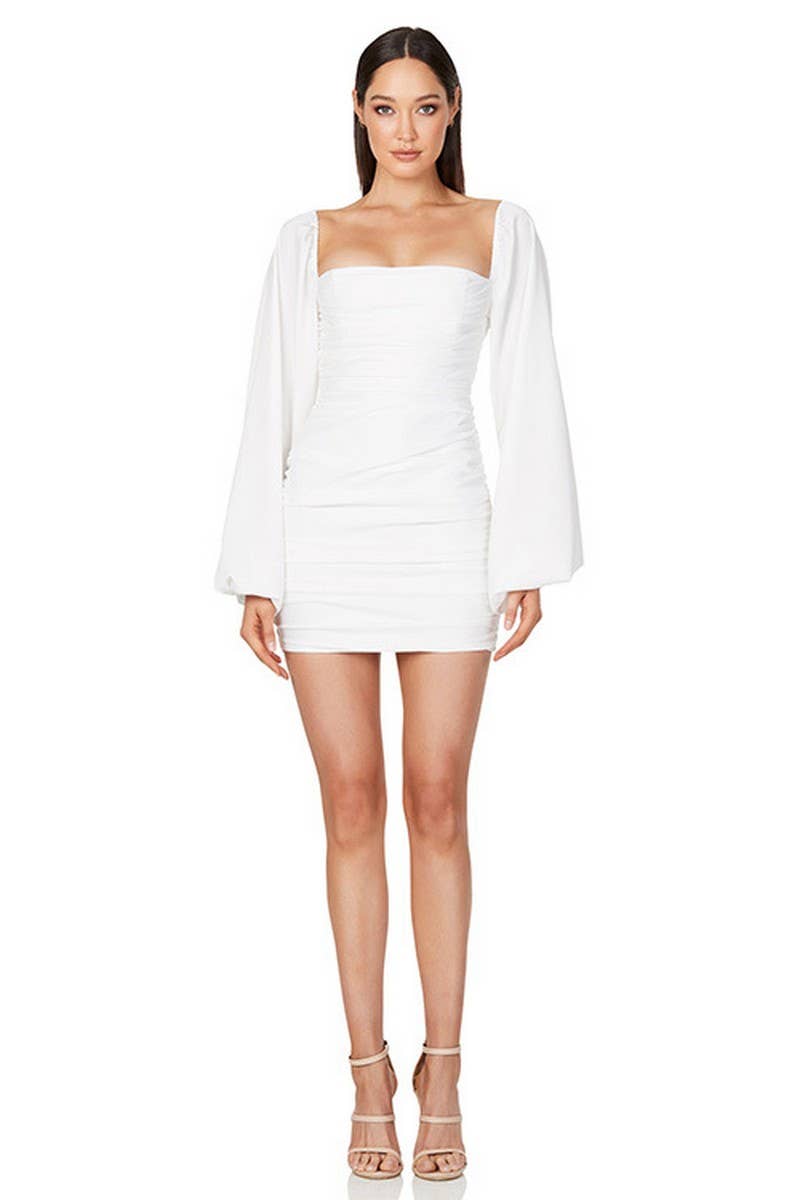 CWDSD10662_PUFF SLEEVE RUCHED SQUARE NECK DRESS